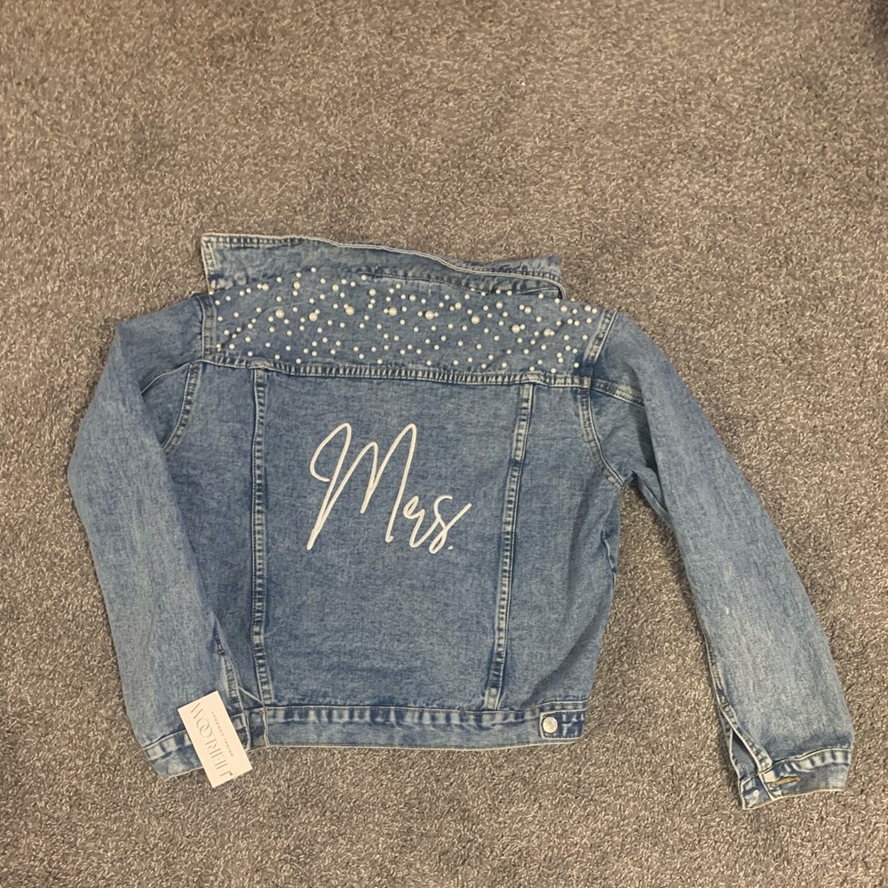 NEW Bridal Jean Jacket Mrs. With Pearls Size Large